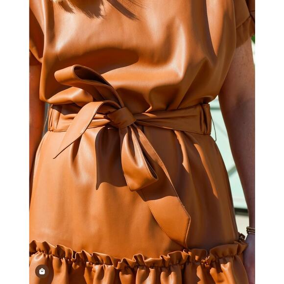 INCLAN STUDIO Millie Vegan Faux Leather Mini Dress Butterscotch Brown NEW Medium - Picture 2 of 7